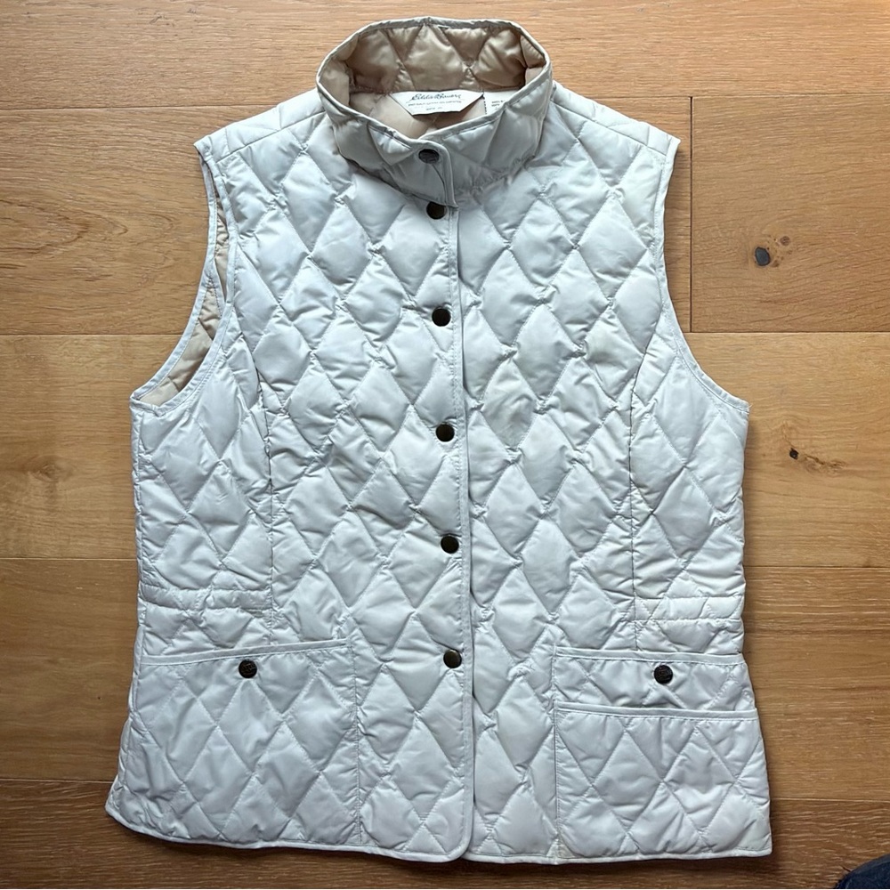 Eddie Bauer Puffer Vest Goose Down Diamond Quilted Women's Large Cream/Ivory